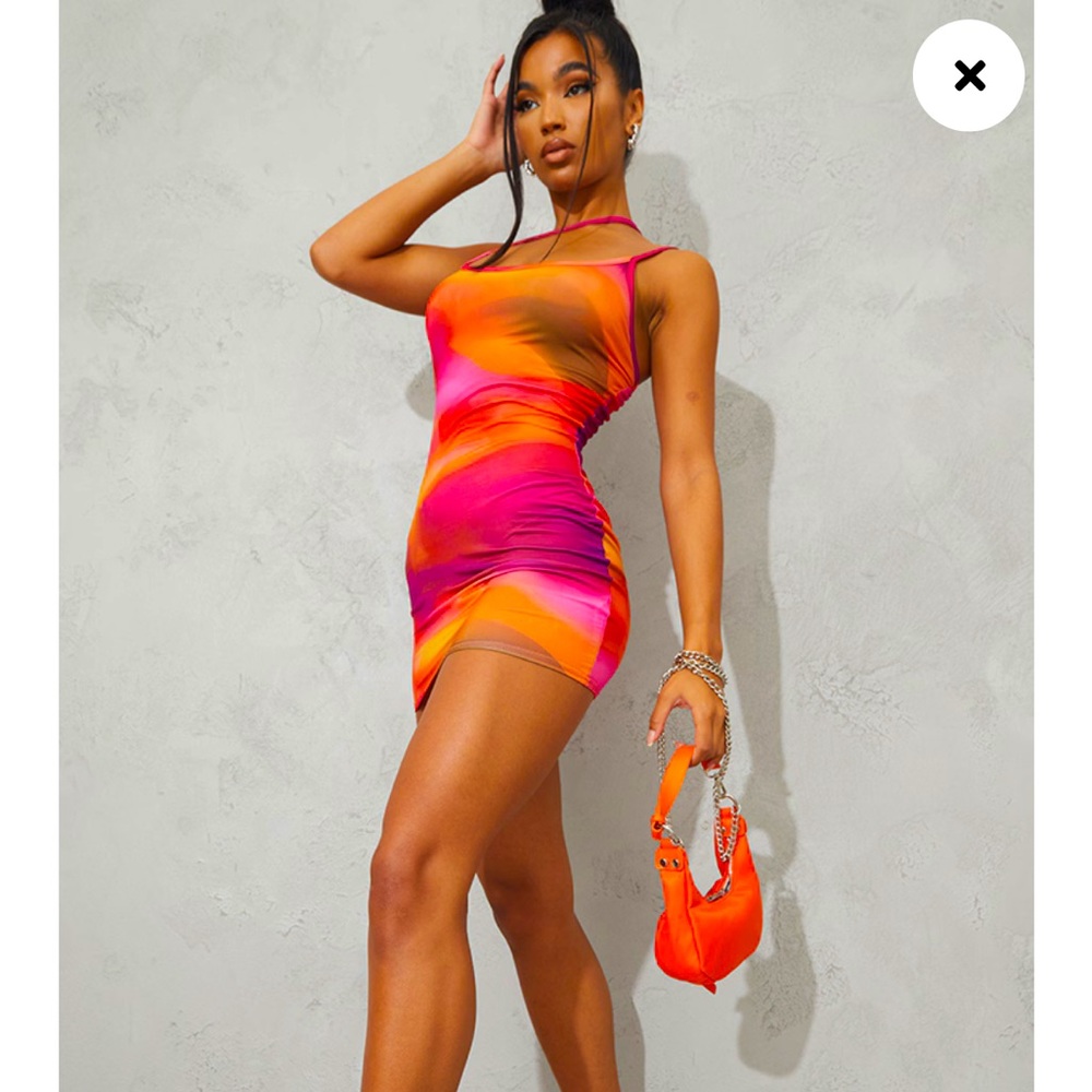 Pretty Little Thing Pink Abstract Print Slinky Asymmetric Strap Bodycon Dress